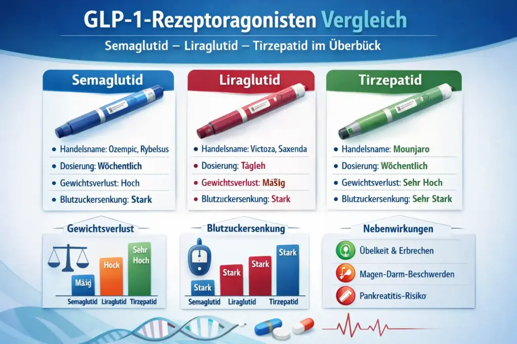 GLP 1 Rezeptoragonisten Vergleich – Semaglutid Liraglutid und Tirzepatid im Überblick