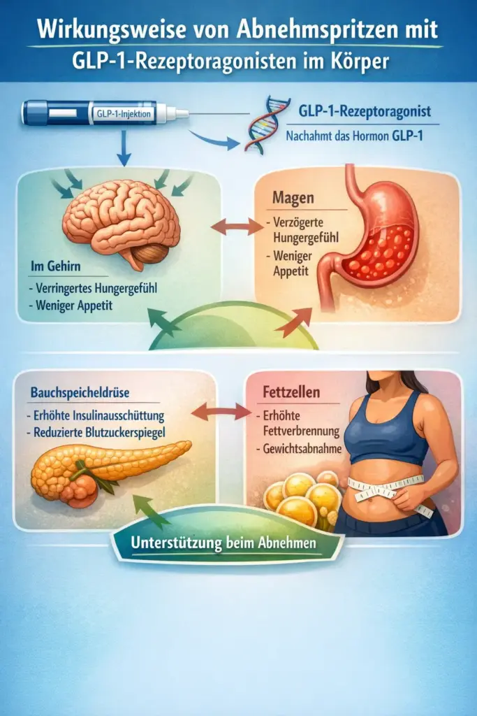 Was sind Abnehmspritzen? Information für Anfänger 2026 Infografik zur Wirkungsweise von Abnehmspritzen mit GLP 1 Rezeptoragonisten im Körper