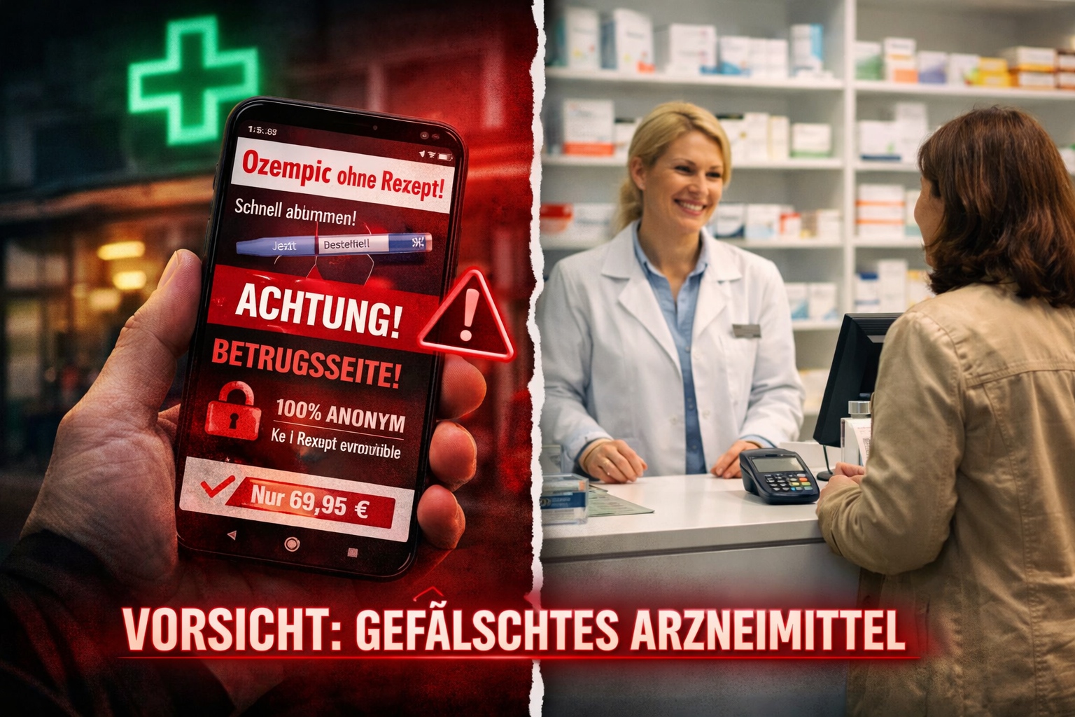 () dramatic scene showing a person's hand holding a smartphone displaying a suspicious German-language website selling