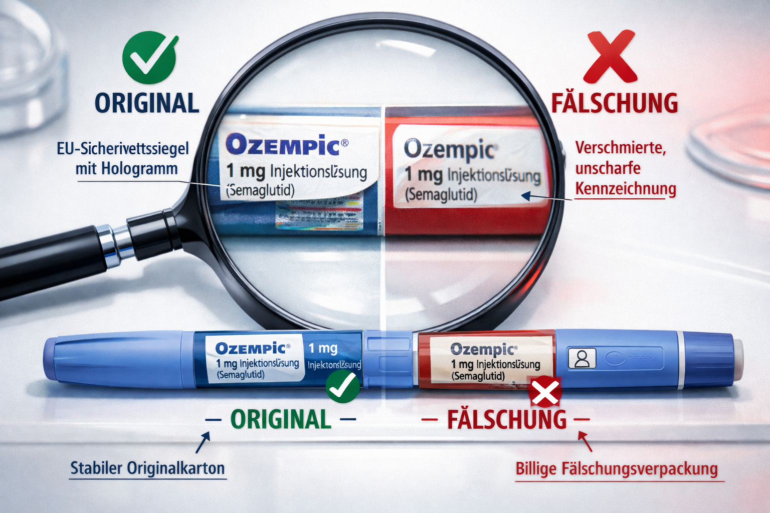 () editorial illustration showing a magnifying glass examining two Ozempic injection pens side by side on a white laboratory