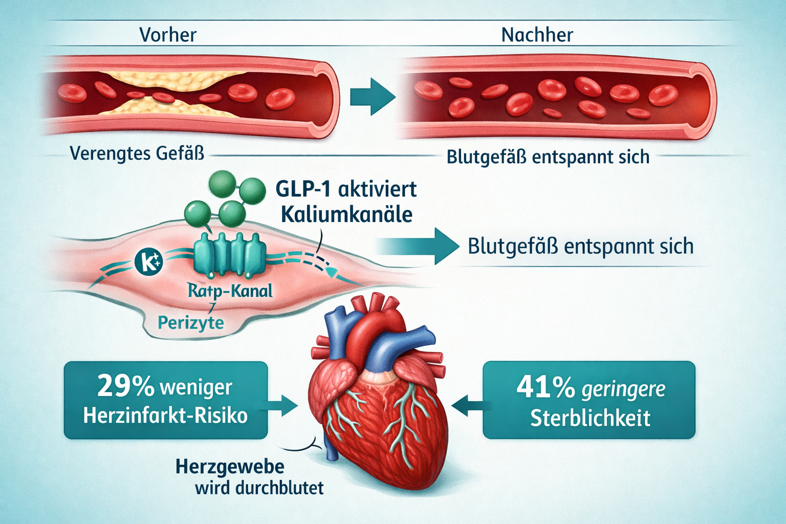 () editorial infographic showing a cross-section of a coronary artery with GLP-1 molecules activating KATP potassium