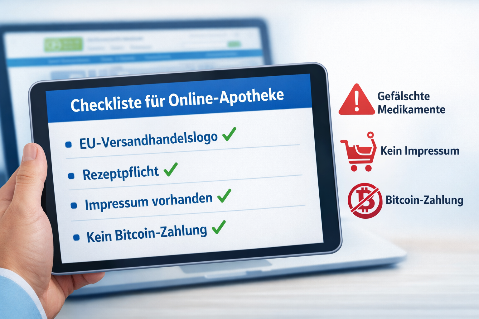 () infographic-style image showing a German online pharmacy verification checklist on a digital tablet screen. Visible