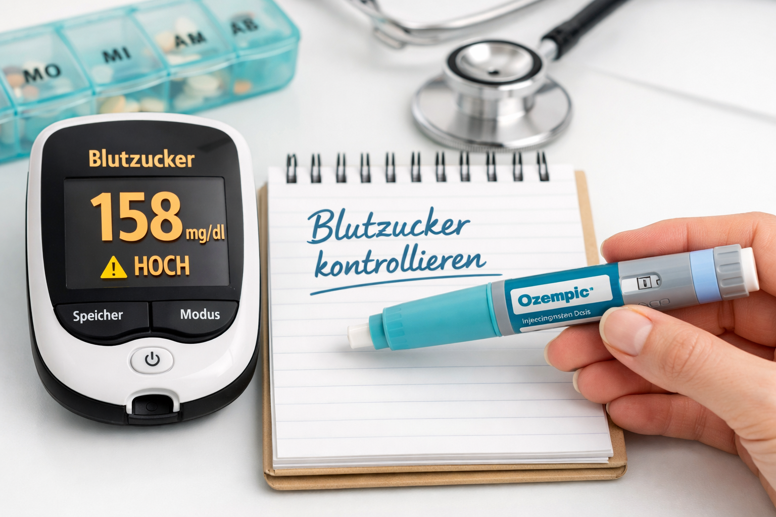 () showing a close-up of a blood glucose monitor displaying a reading, a medical notepad with German text 'Blutzucker