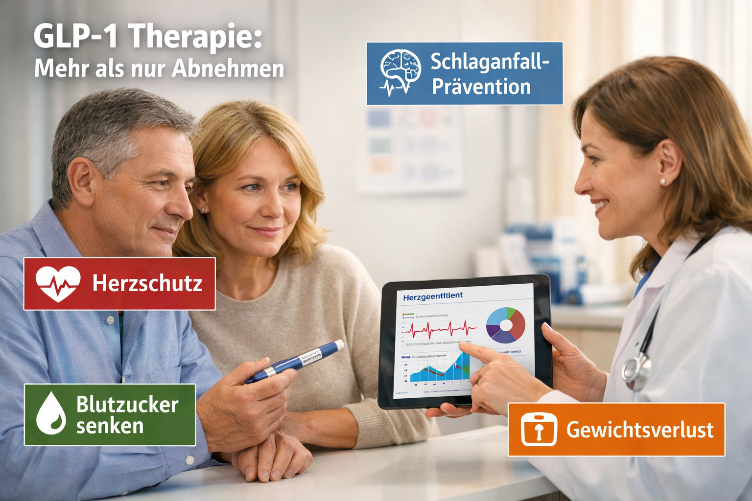 () showing a middle-aged German couple (50s) in a bright medical consultation room, patient holding an Ozempic-style pen