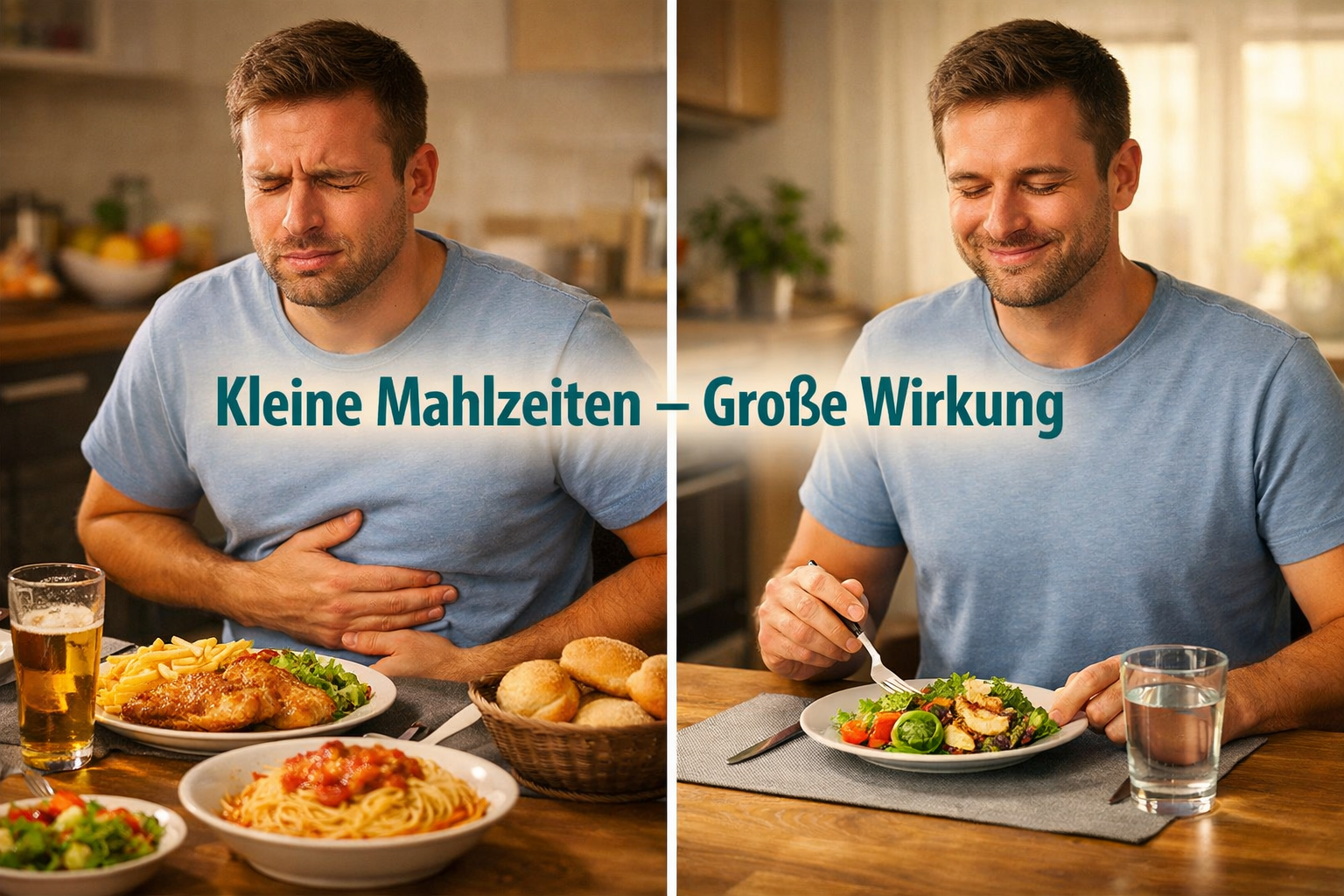 () showing a split-scene comparison: left side a person looking uncomfortable holding their stomach at a dining table with