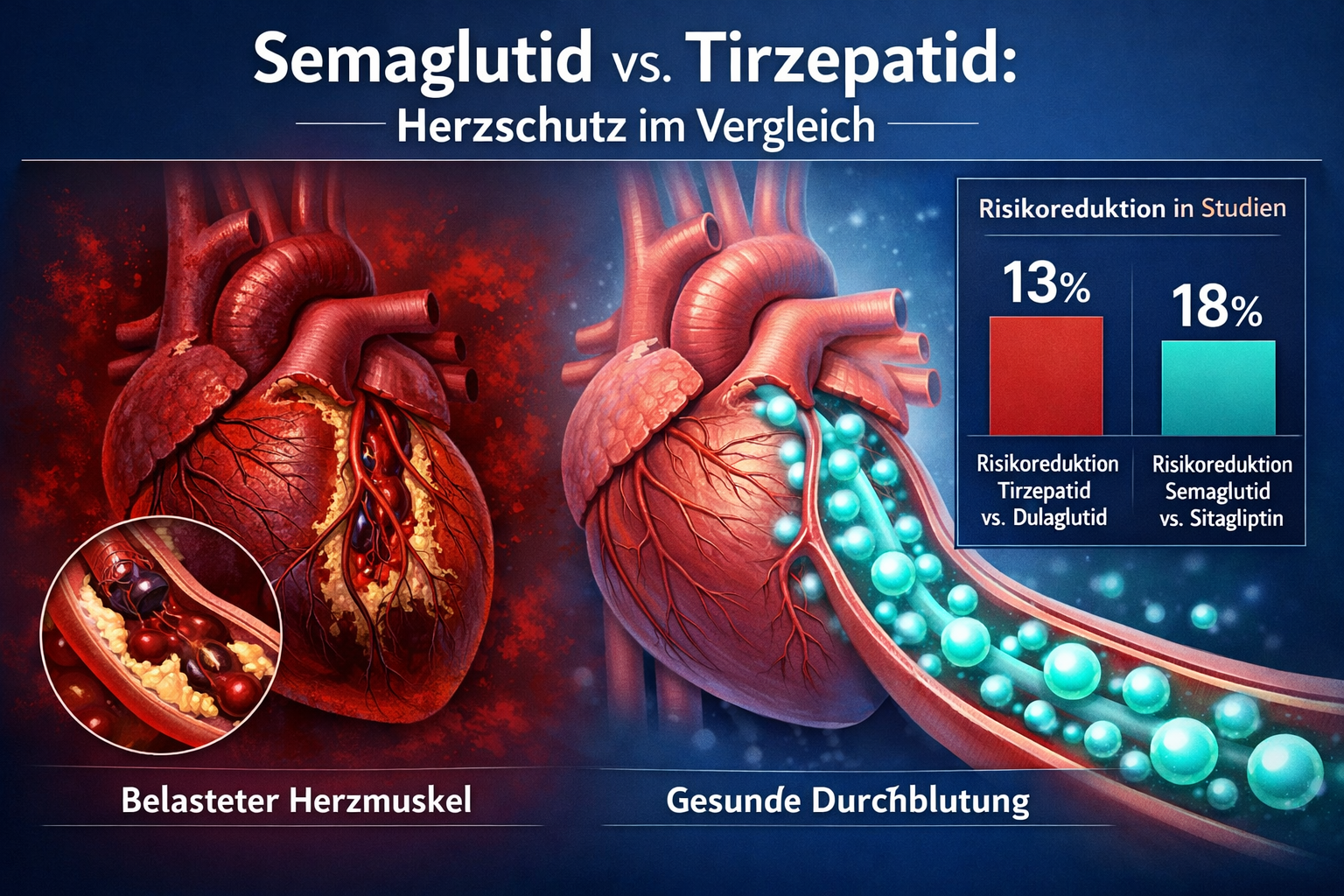 () showing a split-scene comparison: left side depicts a stressed heart muscle with blocked vessels in dark red tones, right