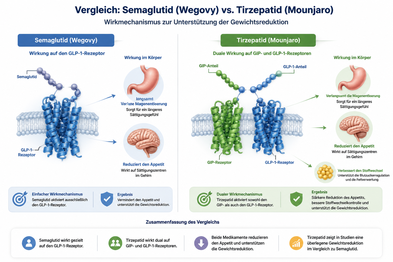 Detailed () scientific comparison infographic showing two molecular structures side by side – GLP-1 receptor on left labeled