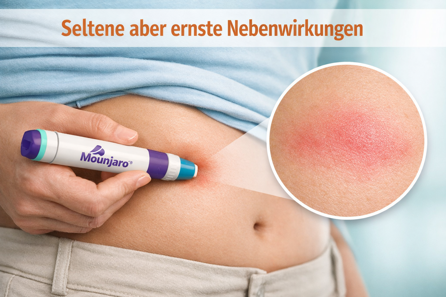 Detailed () showing a close-up of a hand holding a Mounjaro autoinjector pen near the abdomen, with a magnified inset circle