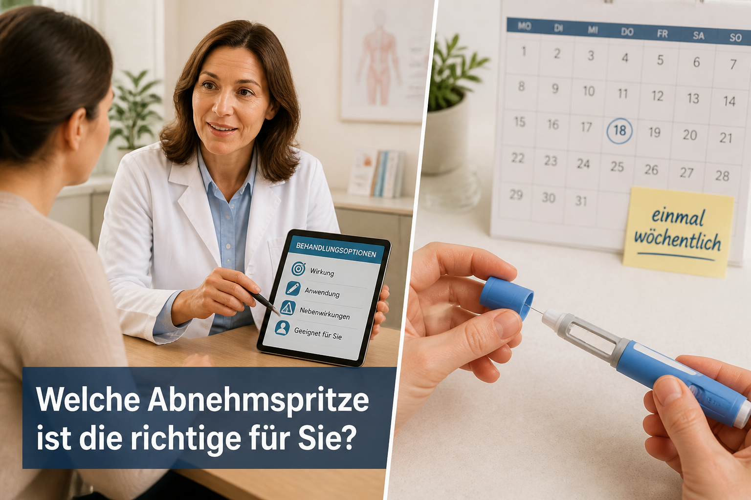 () split-screen consultation scene: left side shows a doctor in white coat at a modern German medical practice discussing