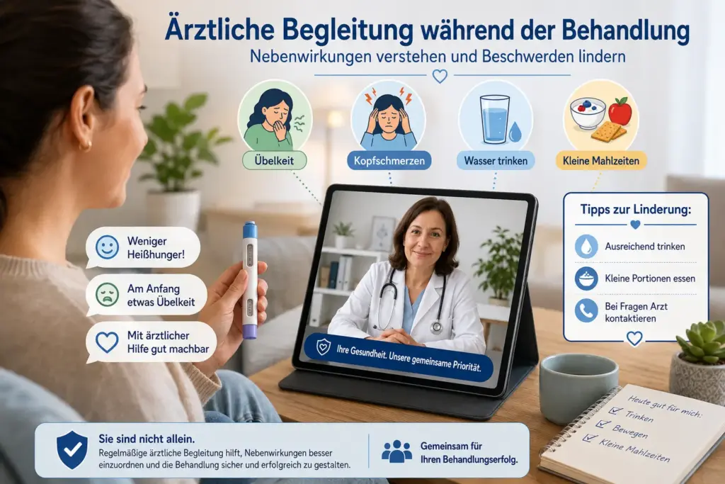 Person mit Abnehmspritze spricht mit Arzt auf Tablet, mit Icons für Nebenwirkungen und Tipp
