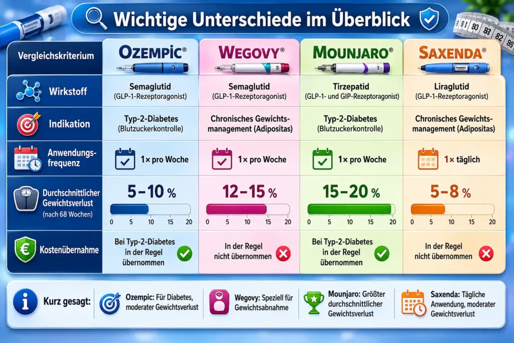 Vergleichstabelle der wichtigsten Abnehmspritzen Ozempic Wegovy Mounjaro Saxenda